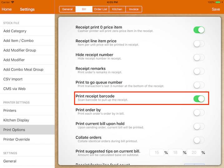 pos system barcode print options settings