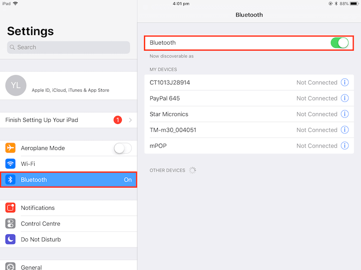 pos system bluetooth pairing settings