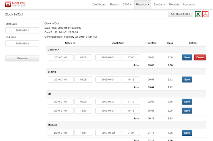 pos system cloud clock in out records report settings icon