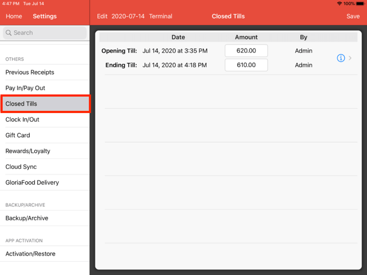 Mobi pos closed tills setting