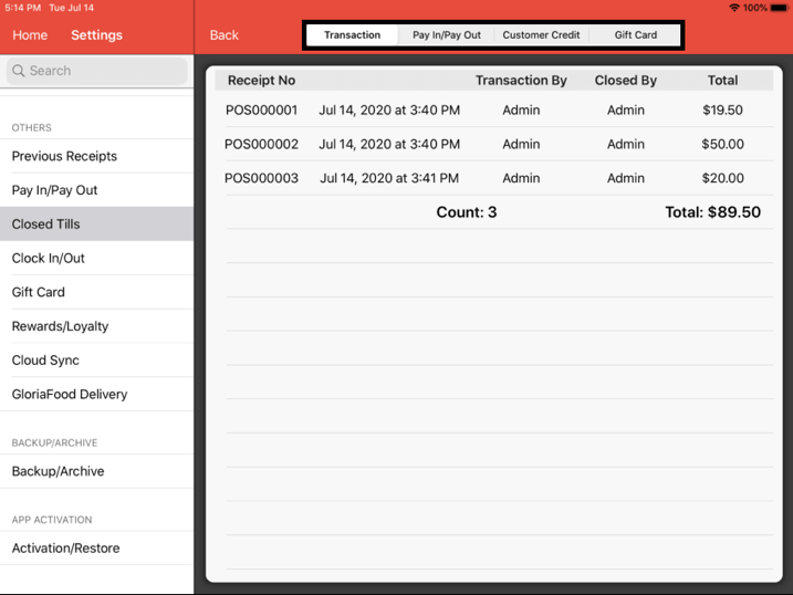 Mobi pos closed tills tab