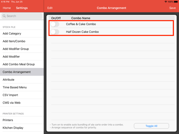 Mobi POS combo arrangement page