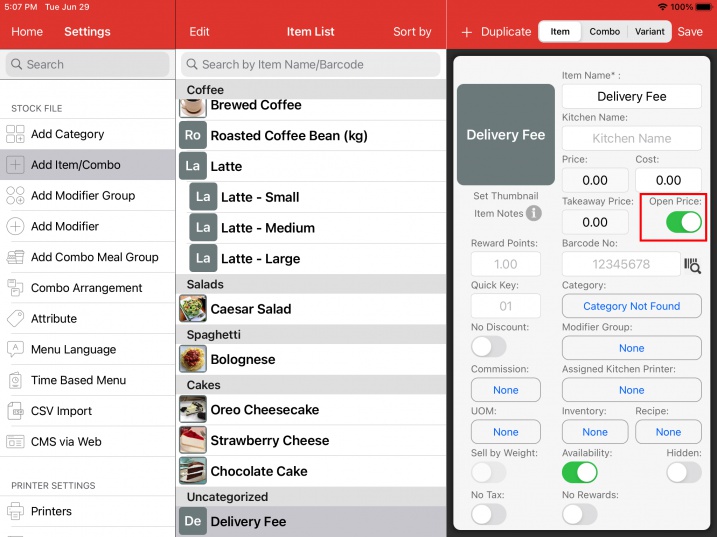 pos system create open price delivery fee item