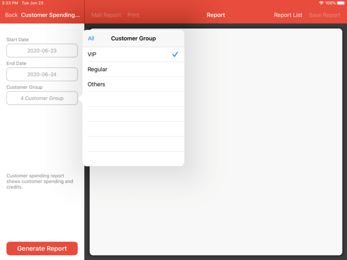 mobi pos customer group generate report