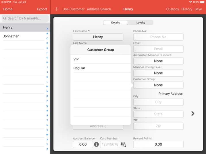 Mobi POS customer group select group