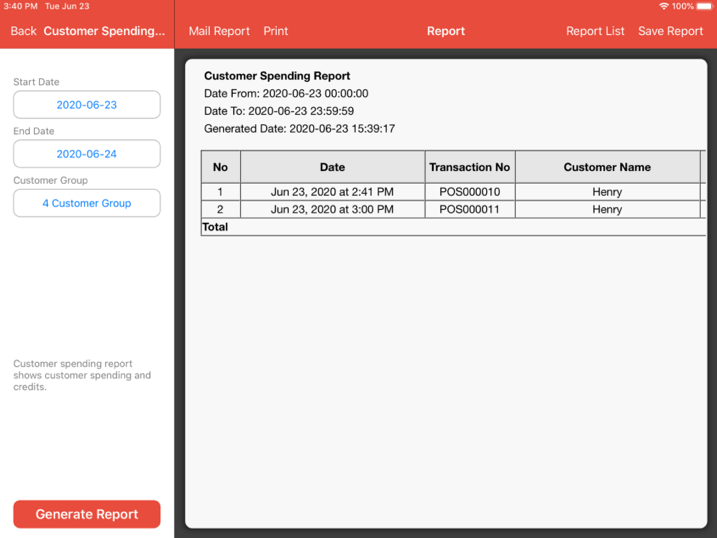 mobi pos customer group view generated report