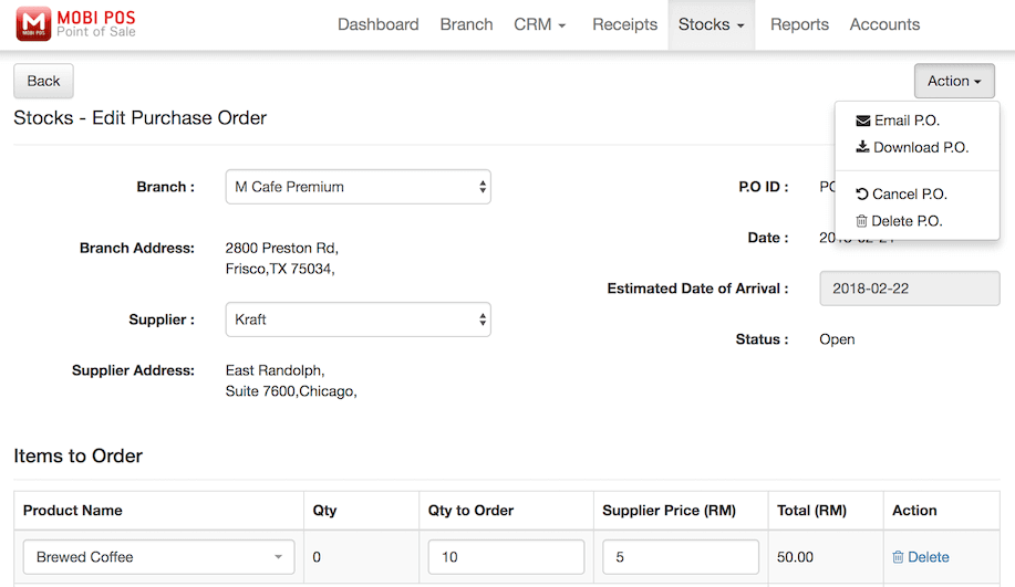 pos system email action settings