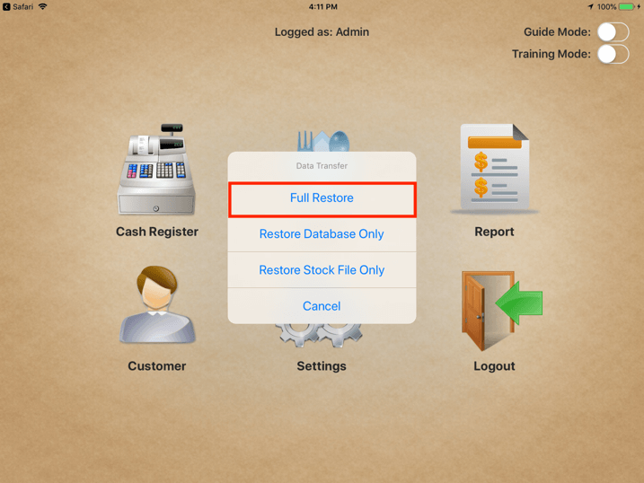 pos system full restore settings