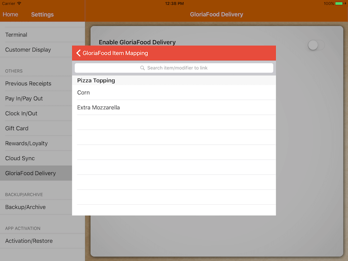 pos system GloriaFood mapping product settings