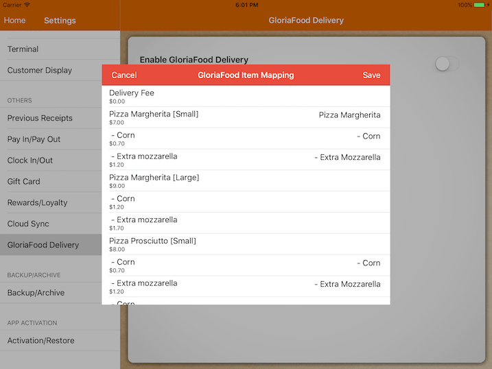 pos system GloriaFood product mapping settings