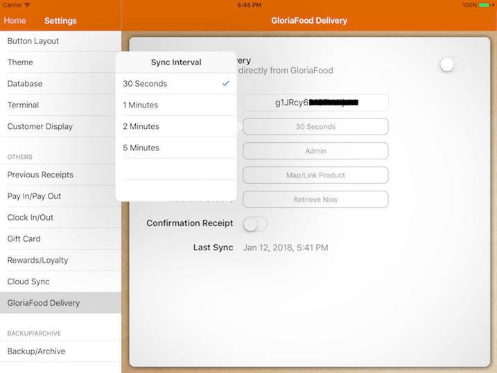 pos system GloriaFood sync interval settings