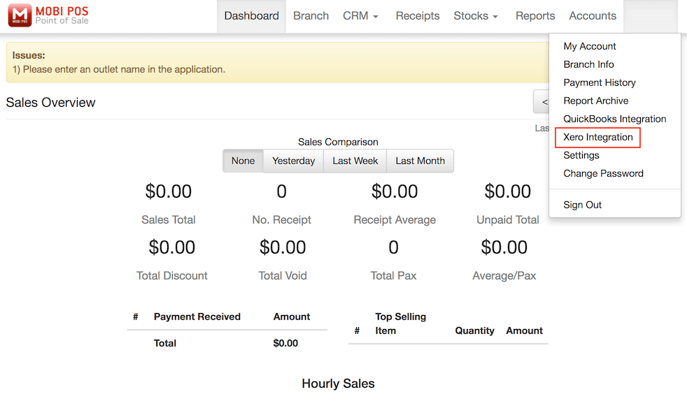 pos system homepage xero integration settings