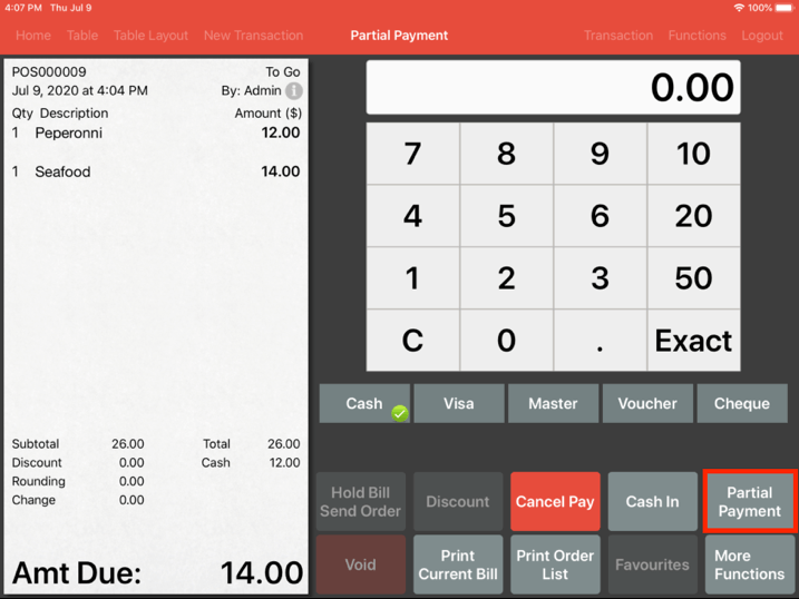 Mobi pos partial payment button