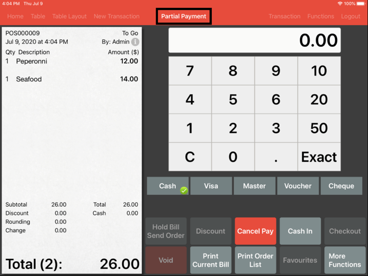 Mobi pos partial payment screen