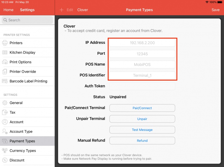 mobipos clover necessary credentials