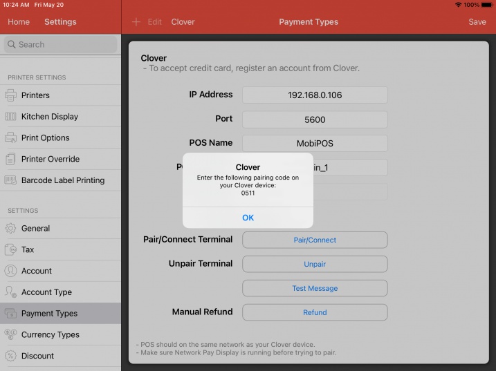 mobipos clover pairing code