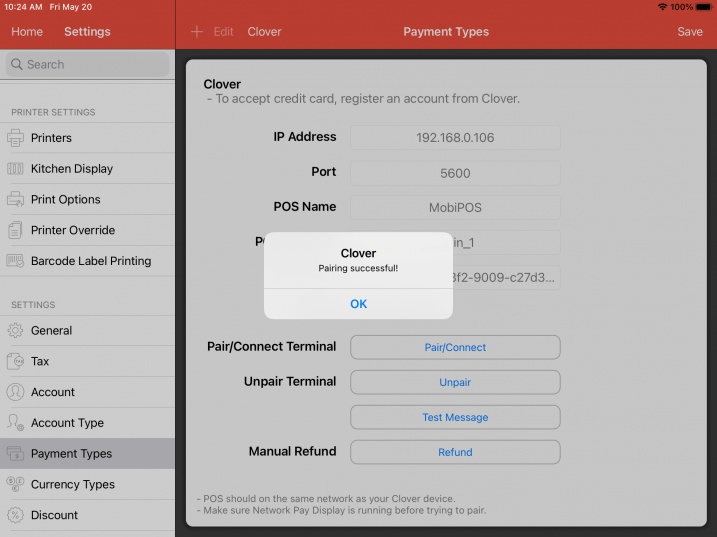 mobipos clover pairing successful