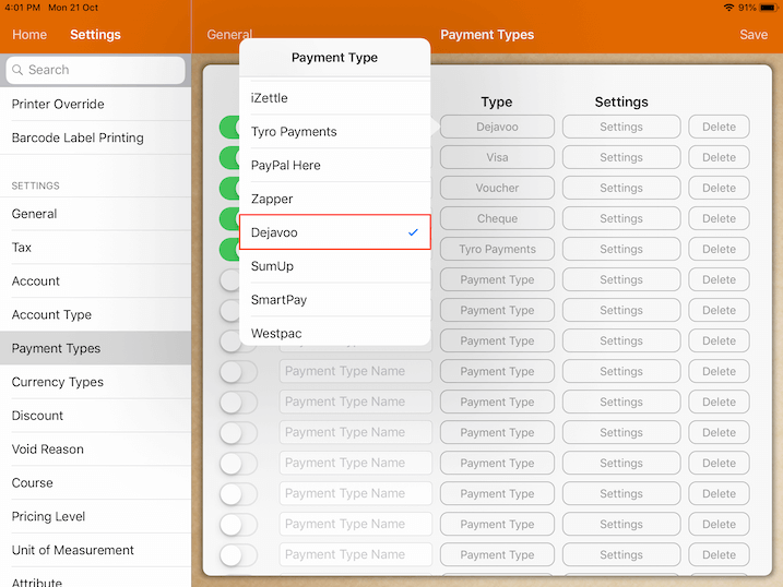 pos system dejavoo payment type