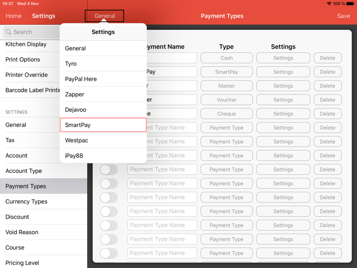 pos system smartpay payment type