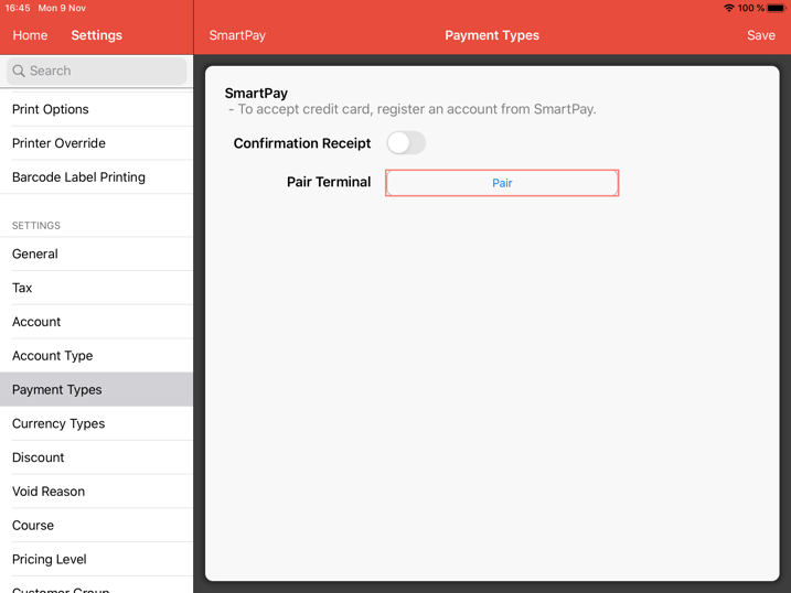 pos system smartpay payment type