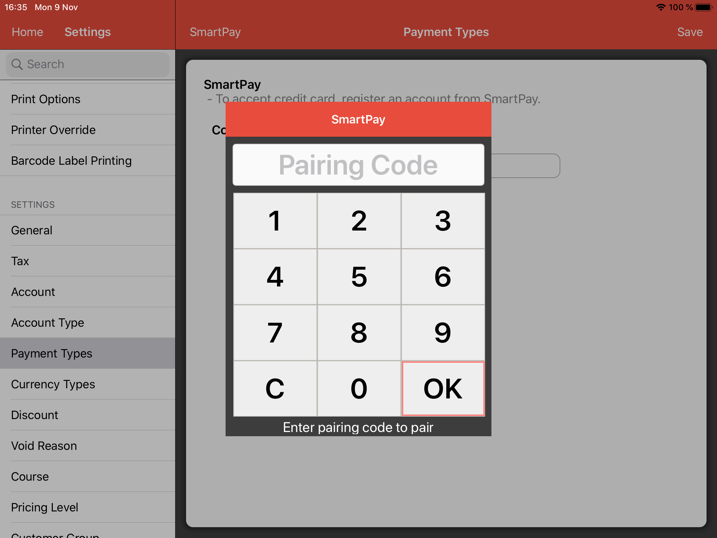 pos system smartpay payment type