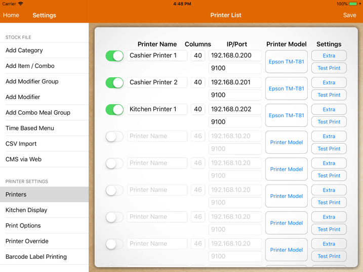 pos system main terminal printer configuration settings