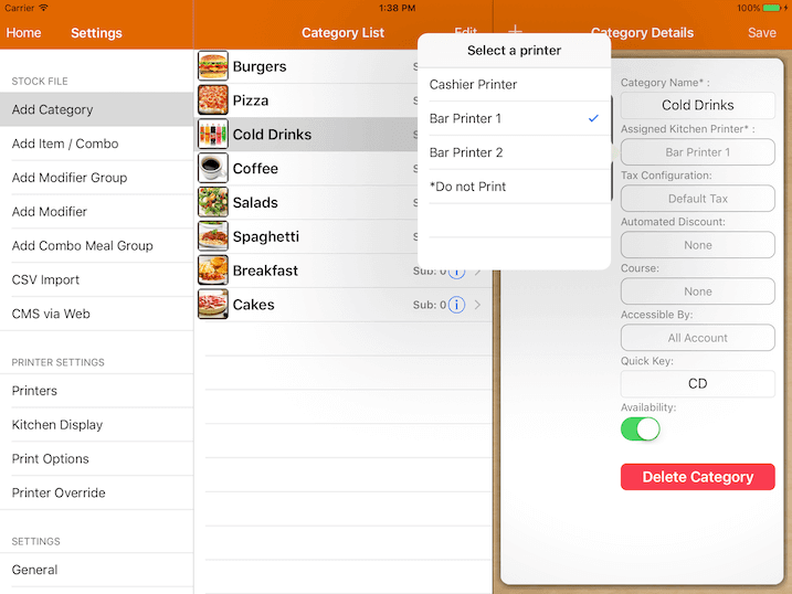 pos system printer override example settings