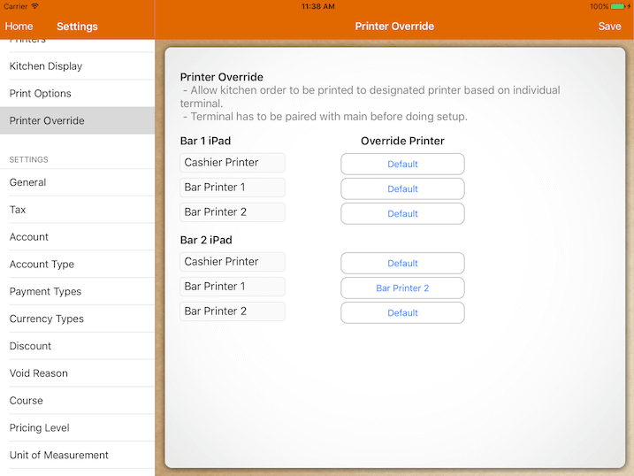 pos system printer override setup settings