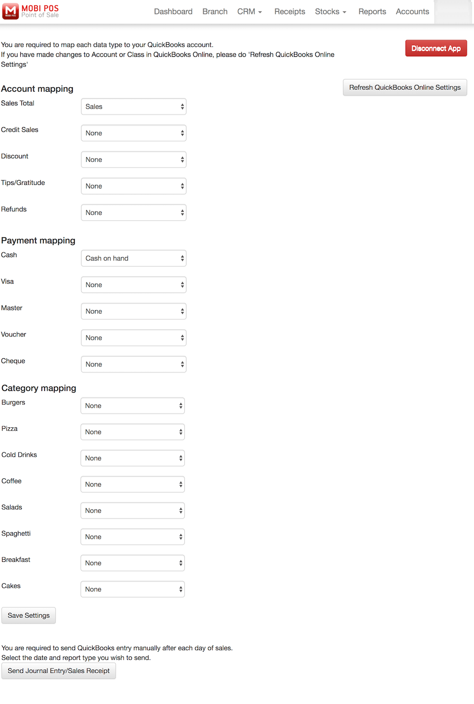 pos system QuickBooks account mapping settings