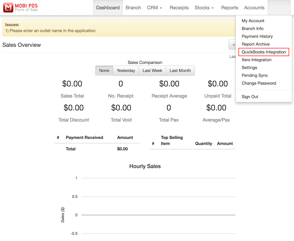 pos system homepage QuickBooks integration settings