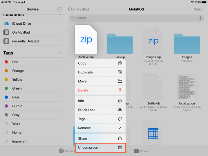 Mobi pos restore via files uncompress