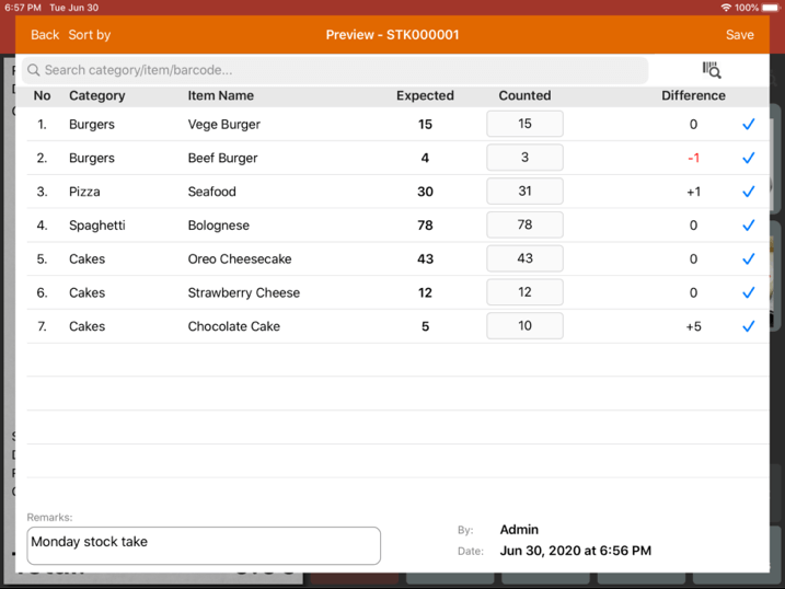 Mobi pos stock take confirmation page