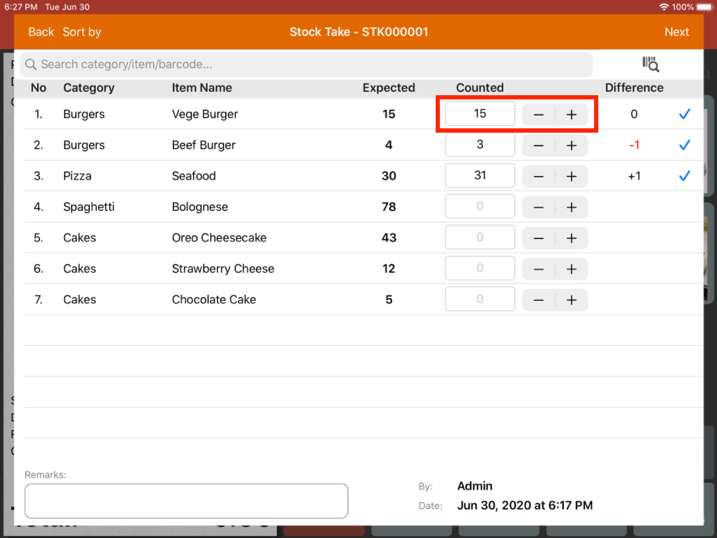 Mobi pos stock take counted column 2