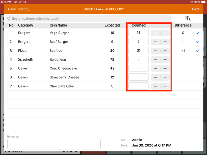 Mobi pos stock take counted column