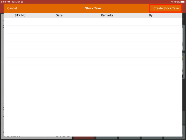Mobi pos stock take create button
