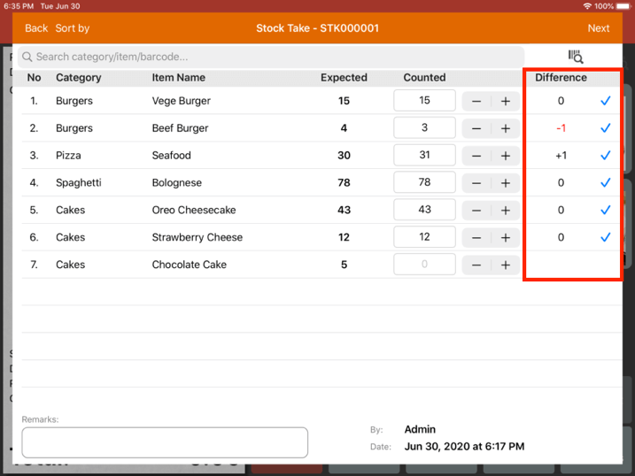 Mobi pos stock take difference column