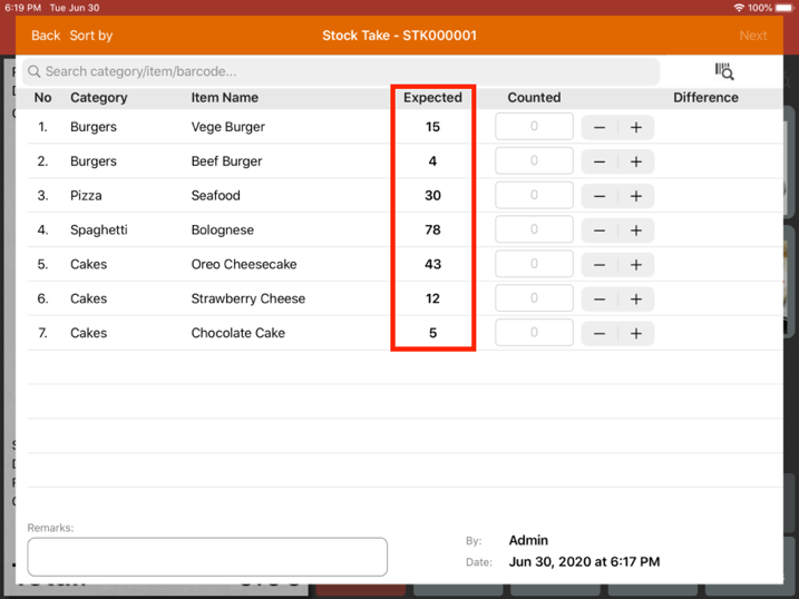 Mobi pos stock take expected column