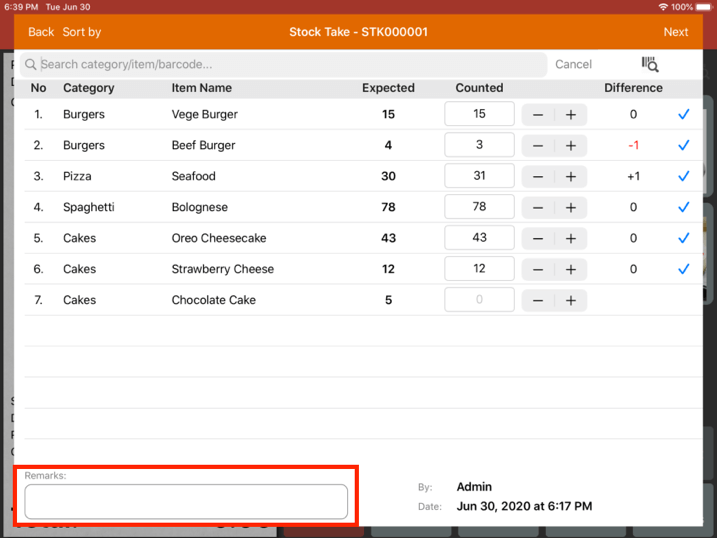 Mobi pos stock take remarks