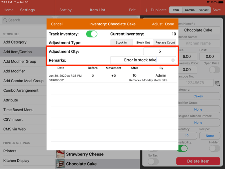 Mobi pos stock take select adjustment quantity and remark