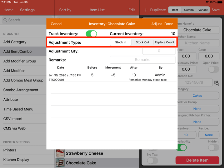 Mobi pos stock take select adjustment type