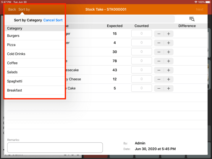 Mobi pos stock take sort by button