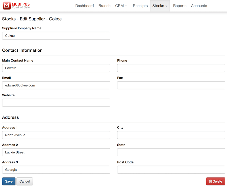 pos system supplier info settings