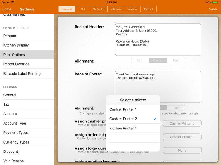 pos system terminal printer assign settings