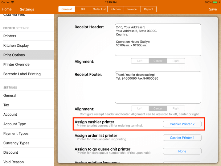 pos system terminal printer options settings