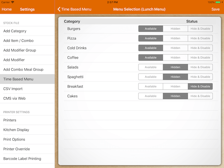 pos system time based menu category settings