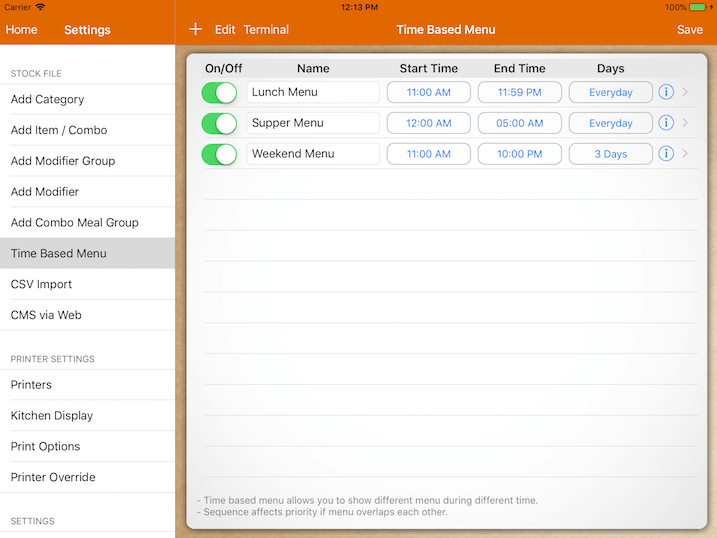 pos system time based menu settings