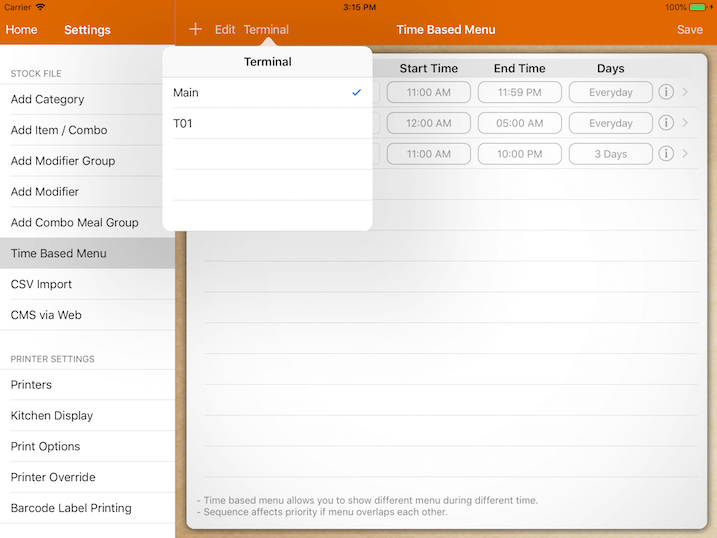 pos system time based menu terminal settings