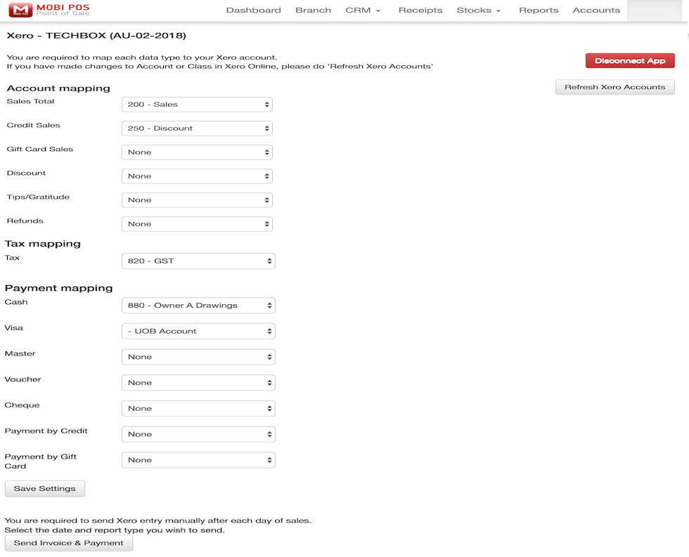 pos system xero account mapping settings