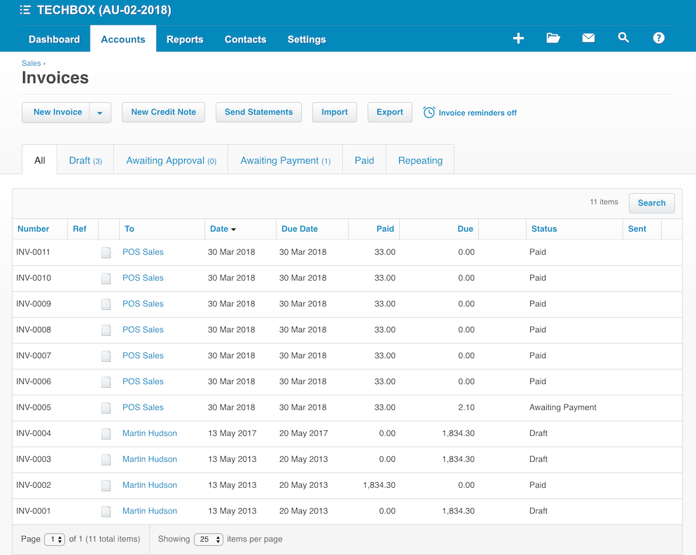 pos system xero invoices settings