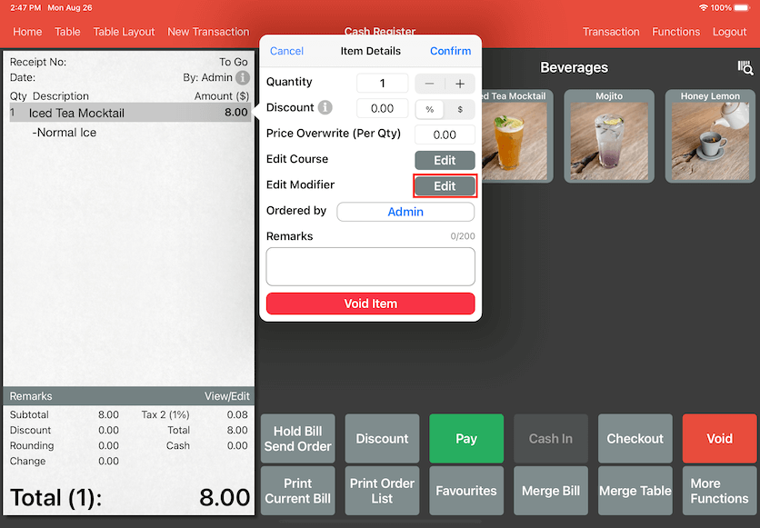 pos system modifier default press to edit